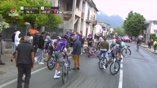 Maxi caduta sul bagnato: a terra anche la maglia rosa mads pedersen e jai hindley